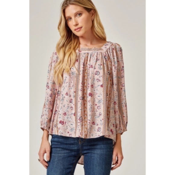Mauve Bohemian Floral Print Peasant Long Sleeve Tie Back Square Neck Blouse - Picture 4 of 6
